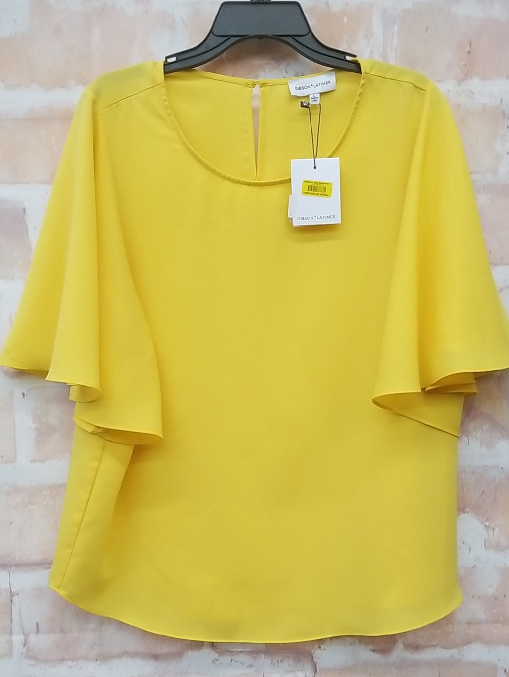 Womens NWT Gibson Yellow Flutter Sleeve Scoop Neck Blouse